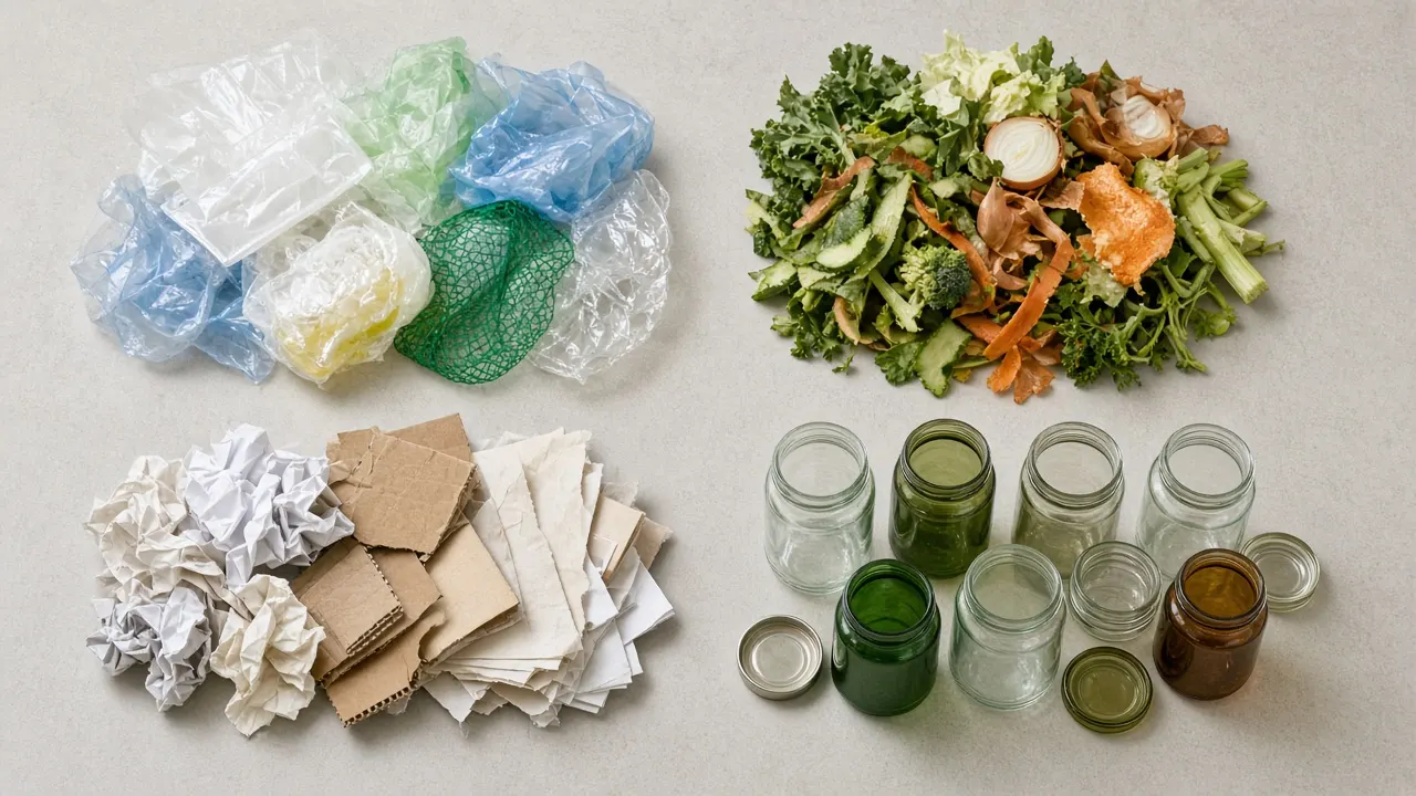 Sortierter Hausmüll in getrennten Behältern für Plastik, Bioabfall, Papier und Glas
